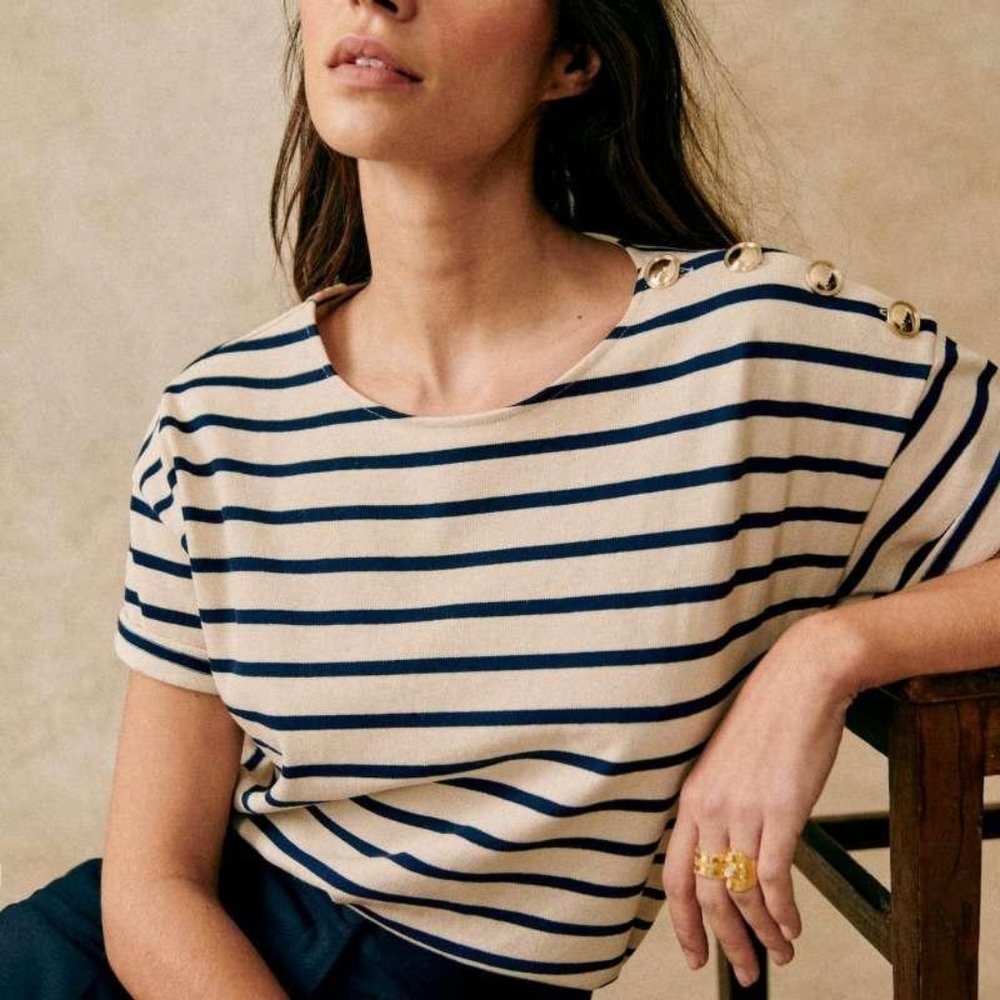 SEZANE Derek T-Shirt-Ecru/Navy, Size S, NWT